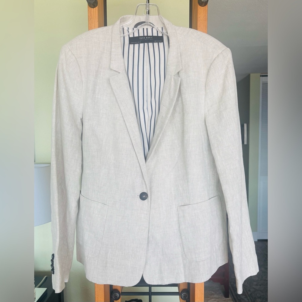 Zara Basics Collection Beige Linen Blazer Sport Coat w/ Notched Lapels Size XL - Picture 2 of 7